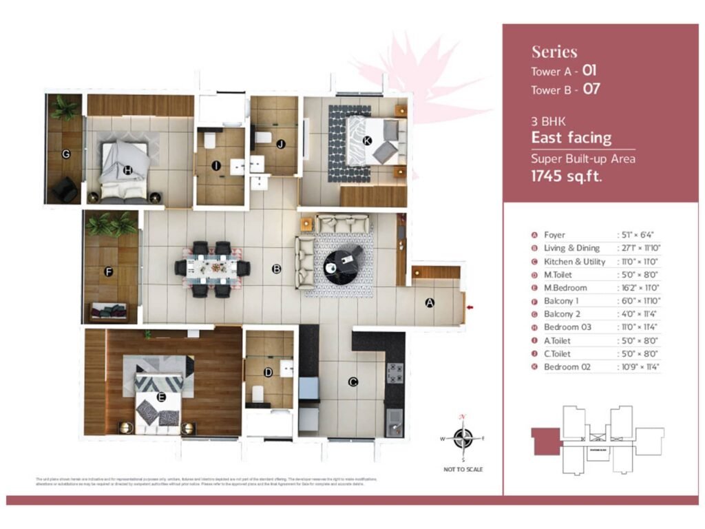 Trifecta Veranza 3 BHK east facing 1745 sq ft floor plan, Sarjapur Road Bangalore