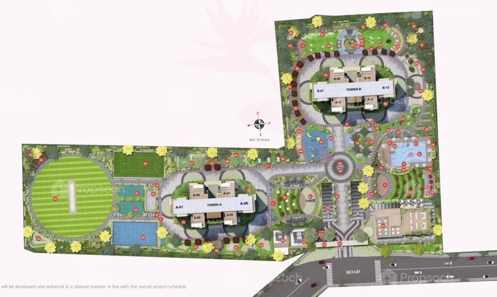 Trifecta Veranza master plan layout with towers and sports zone, Sarjapur Road Bangalore
