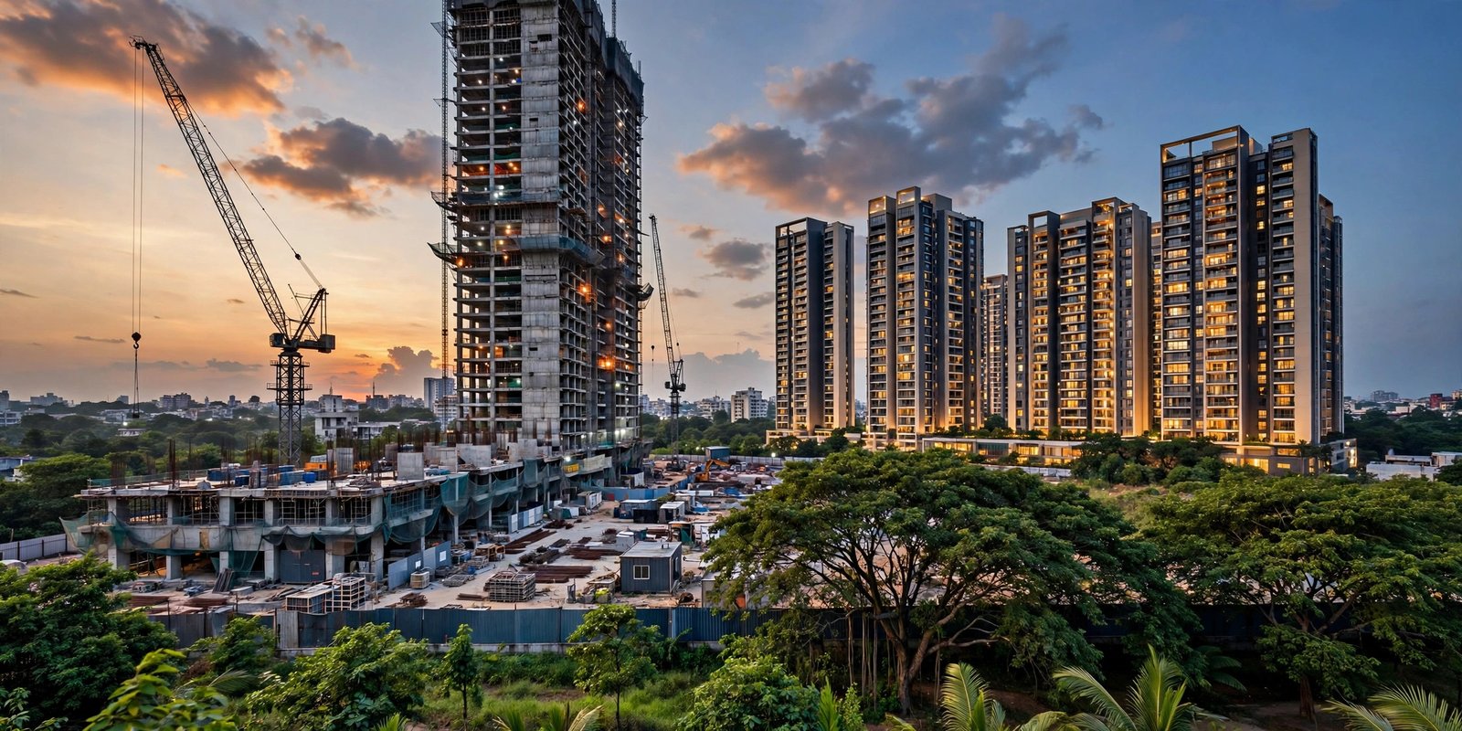 High rise residential tower under construction on Sarjapur Road Bangalore at dusk