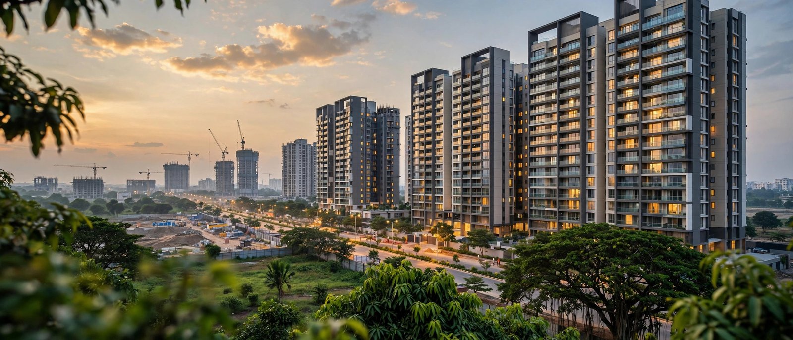 Modern residential towers on Sarjapur Road, Bangalore at dusk