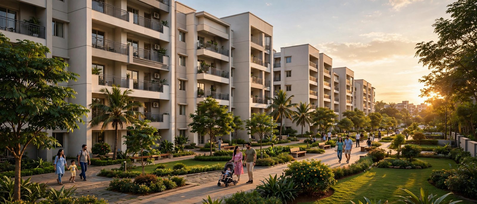 Affordable apartment community on Sarjapur Road Bangalore at golden hour